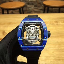 Richard Mille RM052 Noob Factory 1:1 Best Edition, Blue Forged Carbon, Silver Skull Dial, Black Rubber Strap, M6T51 Automatic Movement