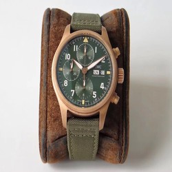 IWC Pilot Spitfire Chronograph IW387902 AL Factory 1:1 Best Edition, Chronograph, Bronze, Green Dial, Green Nylon Strap, SWISS ETA 7750 Automatic Movement